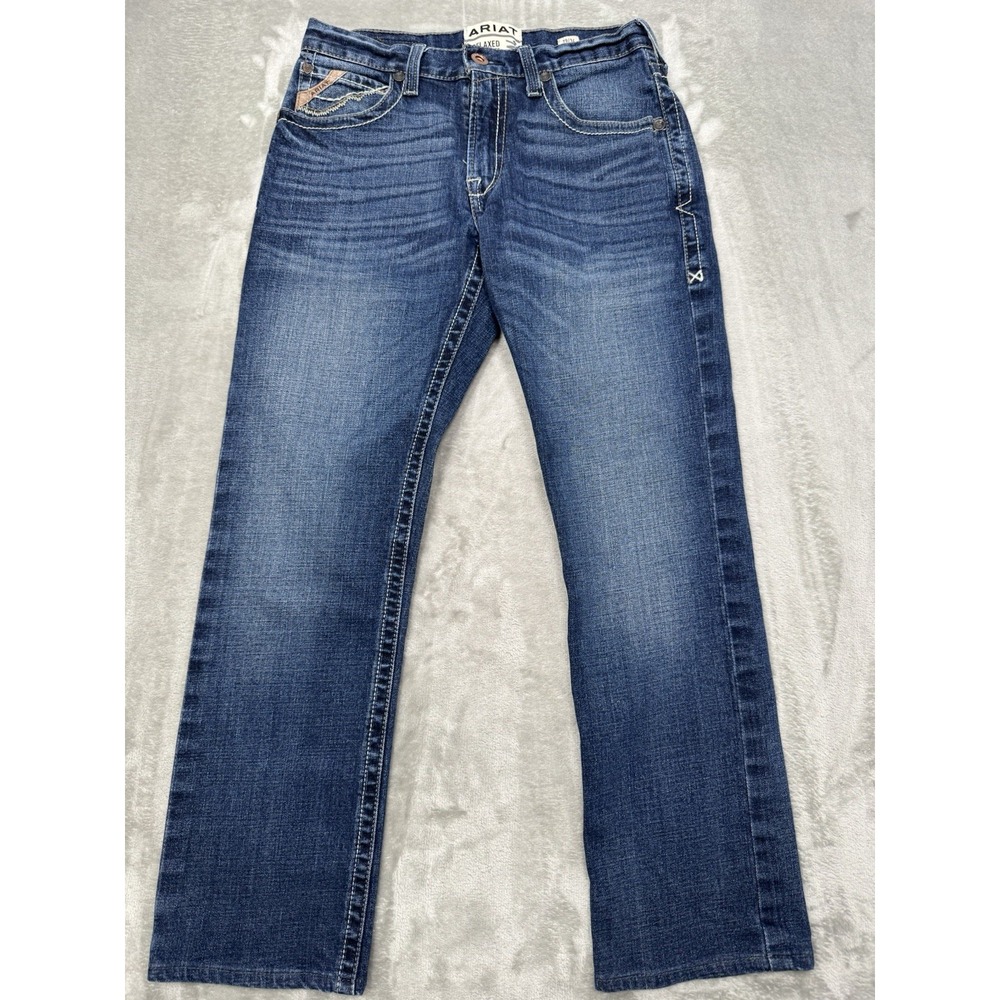 Ariat M4 Jeans Mens 29x34 Blue Denim Bootcut Stretch Distressed Western Cowboy